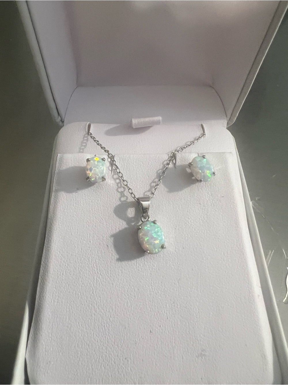 Sterling Silver Oval Opal Pendant Necklace and Stud Earrings Set
